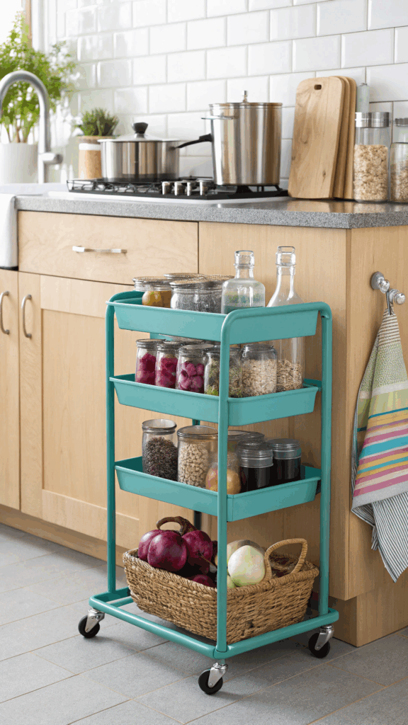 a-vibrant-ikea-raskog-cart-in-turquoise--parked-in